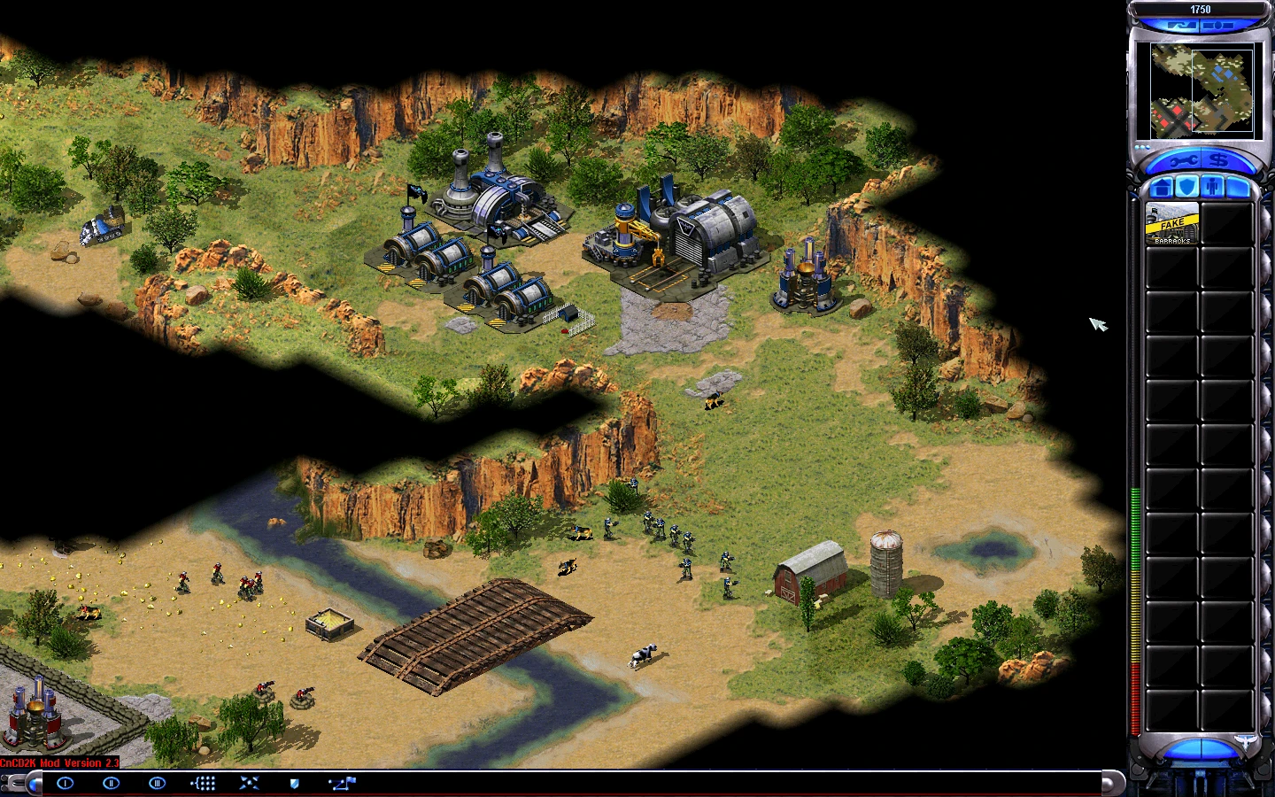Скриншот мода Command & Conquer Yuri's Revenge с детализированной базой синей фракции и пехотой возле реки и моста