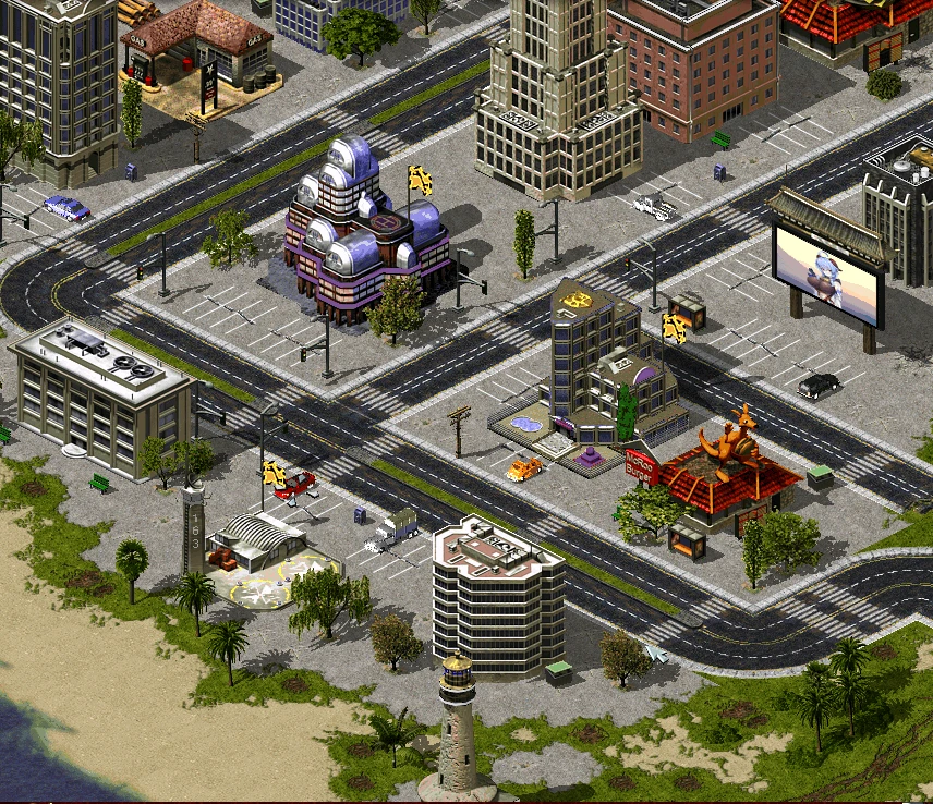 Изометрический вид городской зоны с дорогами, зданиями и маяком из мода Yuri's Revenge Red Line