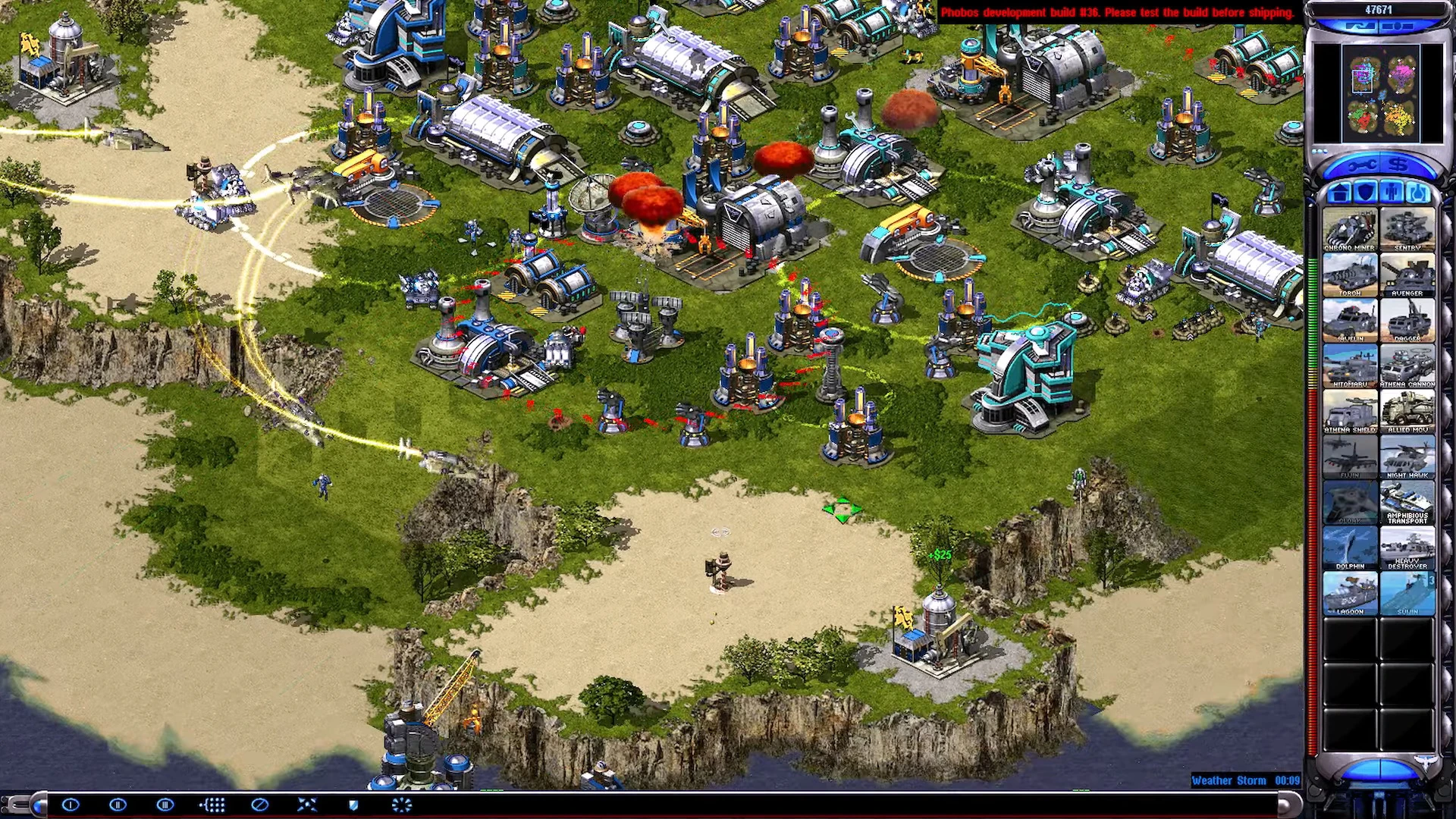 Скриншот мода Red Line для Command & Conquer Yuri's Revenge с базой под сильным нападением, взрывами и оборонительными башнями