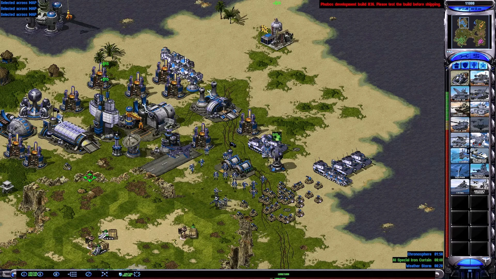 Скриншот с базой, зданиями, пехотой и танками в моде Red Line для Command & Conquer Yuri's Revenge