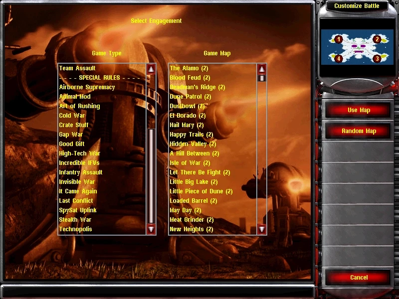 Screenshot der Benutzeroberfläche zur Auswahl von Spieltyp und Karte im Yuri's Revenge Revolution Mod für Command & Conquer