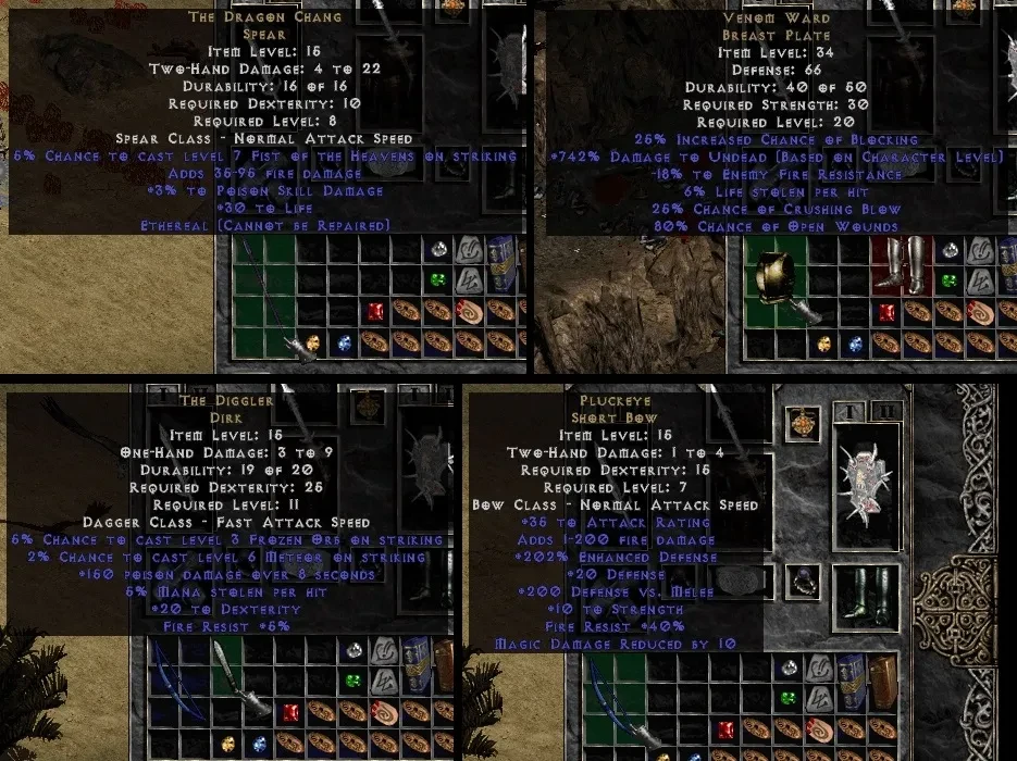 Captura de pantalla del mod Diablo II Randomizer mostrando varias armas y armaduras con estadísticas y propiedades mágicas aleatorias