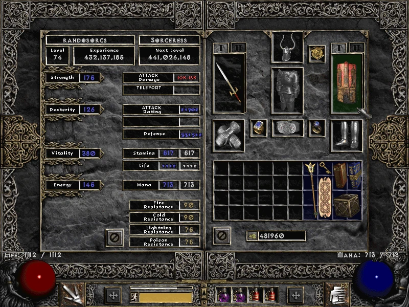 Captura de pantalla de estadísticas e inventario de una Hechicera nivel 74 en el mod Diablo 2 Randomizer