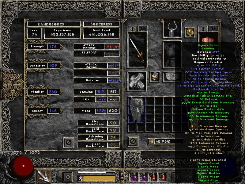 Captura de pantalla del personaje Hechicera en mod Diablo 2 Randomizer con estadísticas, habilidad de teletransporte y grebas Sigon's Sabot