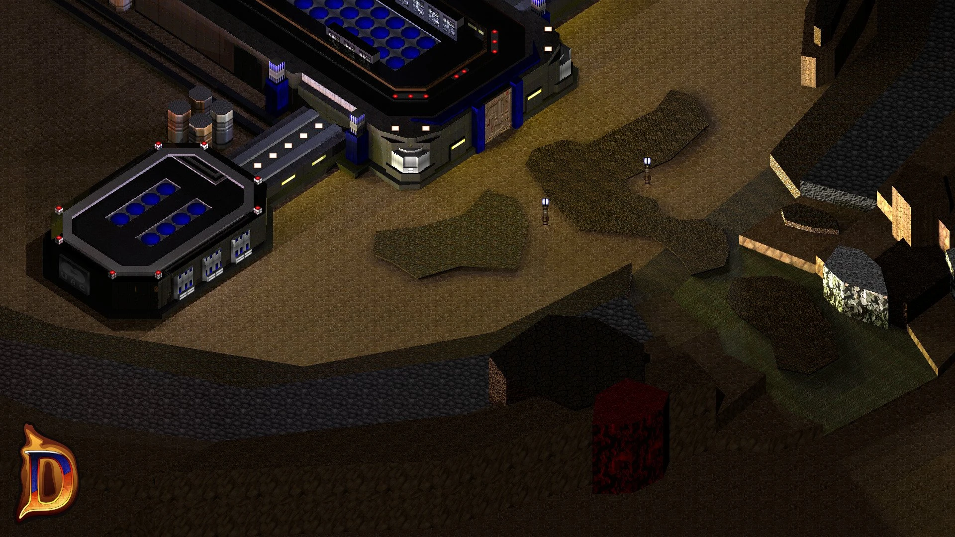 Top-down view of a futuristic building with blue-lit windows and connecting walkways in Diablo II mod Doomiablo