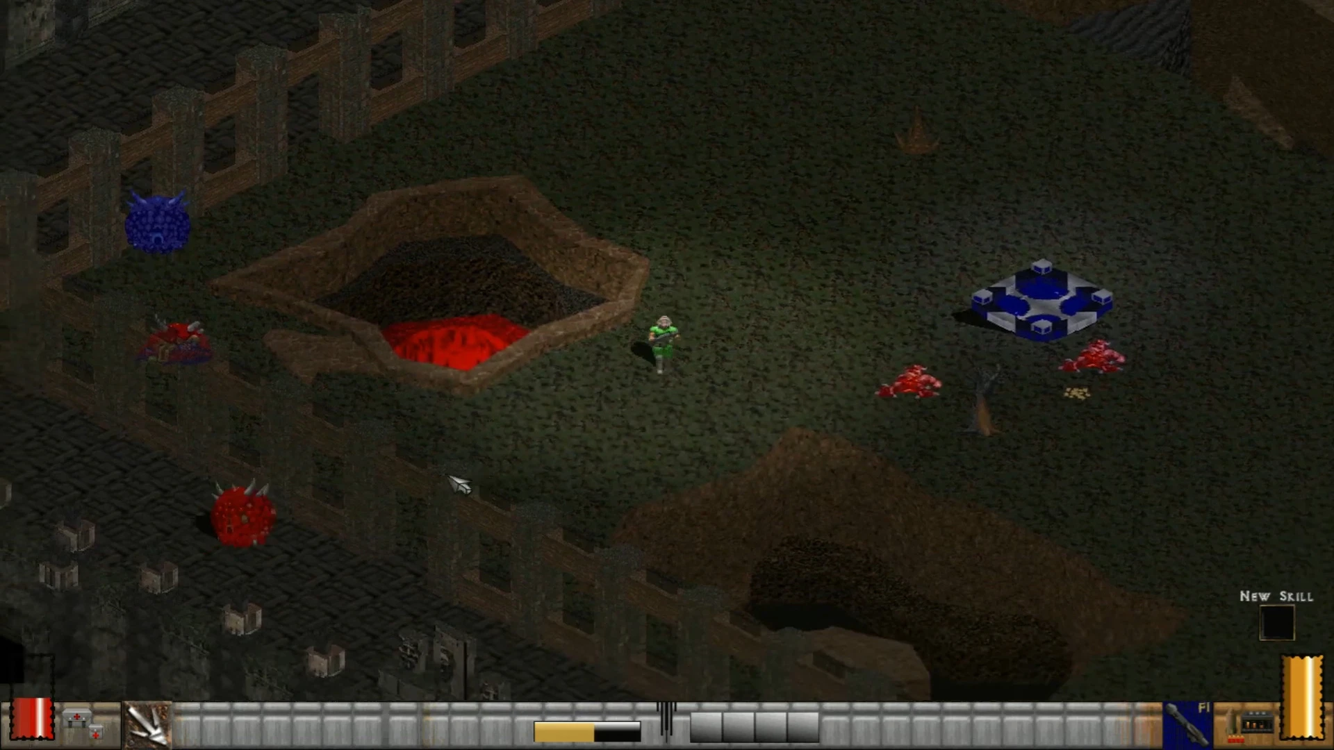 Player character in green suit at center with pixelated enemies, lava pit, and blue platform in dark outdoor area in Diablo II mod Doomiablo
