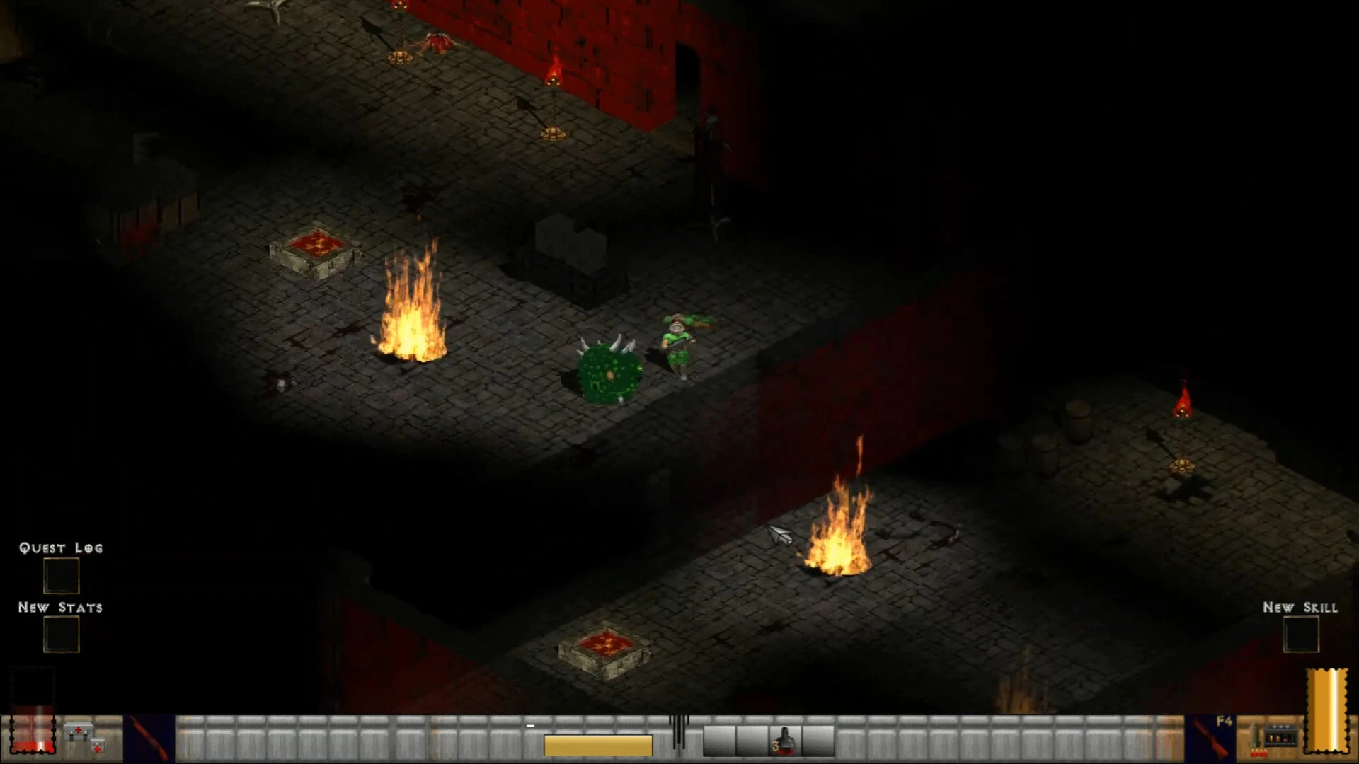 Player character in green armor battles a spiked green monster near fire pits in a dark dungeon in Diablo II Doomiablo mod