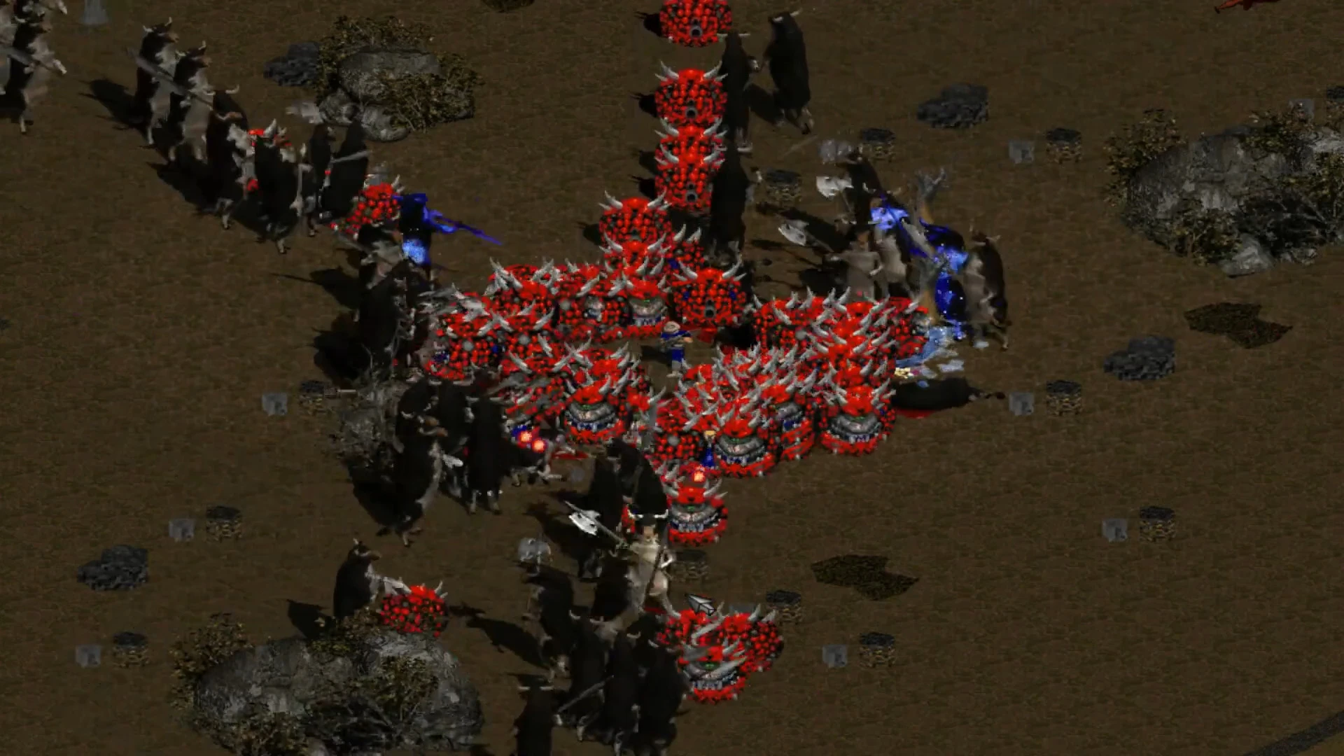 Top-down view of many red horned monsters and dark armored warriors fighting in Diablo II Doomiablo mod