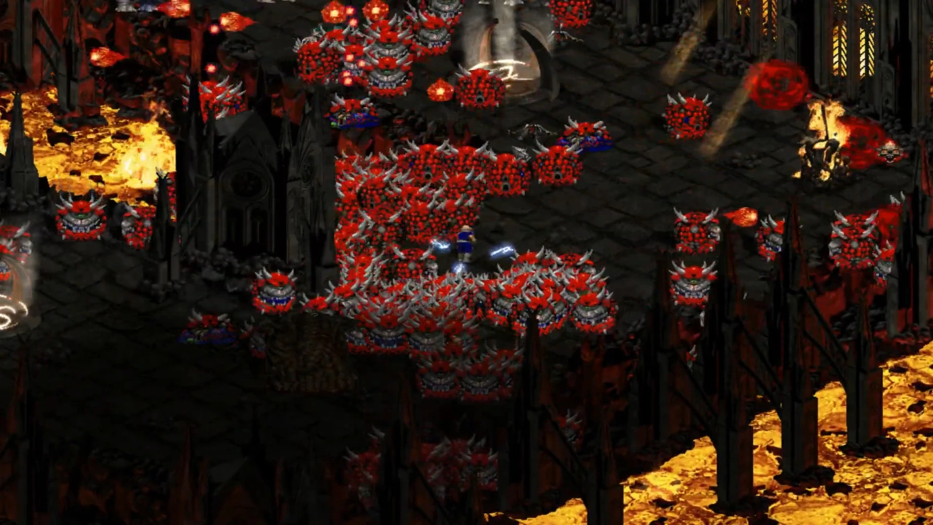 Diablo II gameplay showing a character surrounded by a massive horde of red horned monsters attacking in a dark dungeon
