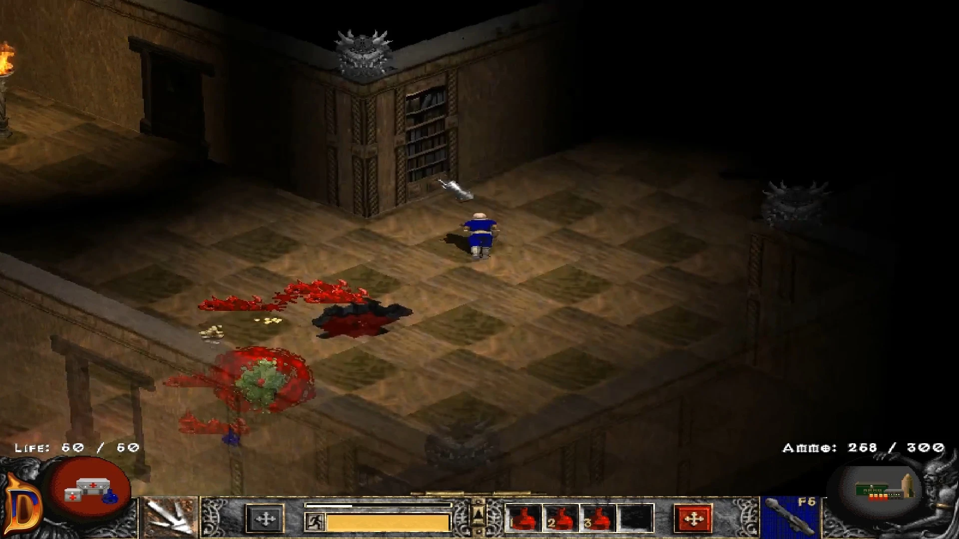 Player character in blue armor inside dimly lit room with blood stains and game HUD visible
