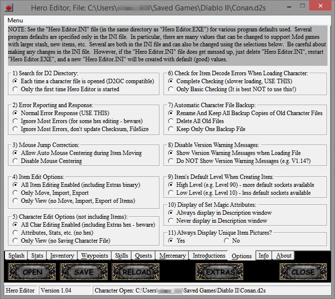 Captura de pantalla de Hero Editor para Diablo II con varias opciones de personalización y manejo de errores para archivos de personajes.