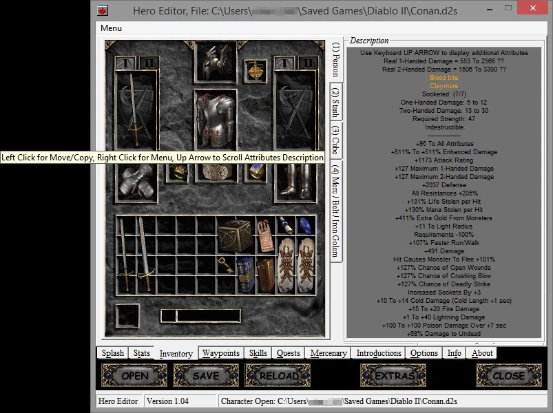 Captura de pantalla del mod Editor de Héroes para Diablo II, mostrando equipo de personaje, inventario y descripciones de atributos. La interfaz muestra varias estadísticas y ranuras de artículos.