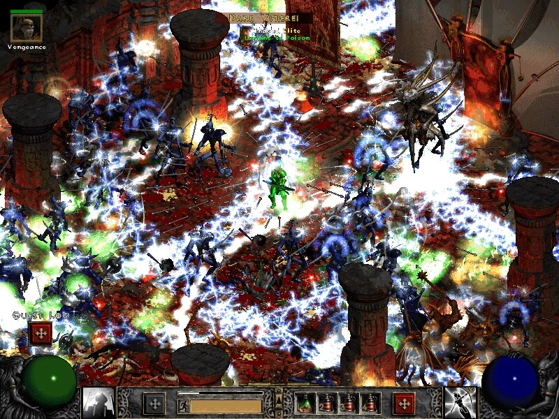 Escena de batalla caótica del mod Median XL de Diablo II, con numerosos enemigos y efectos de hechizos en un entorno ensangrentado.