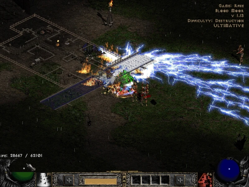 Una escena del mod Median XL de Diablo II que muestra a un personaje usando un poderoso ataque de rayos contra enemigos en un entorno oscuro al aire libre.