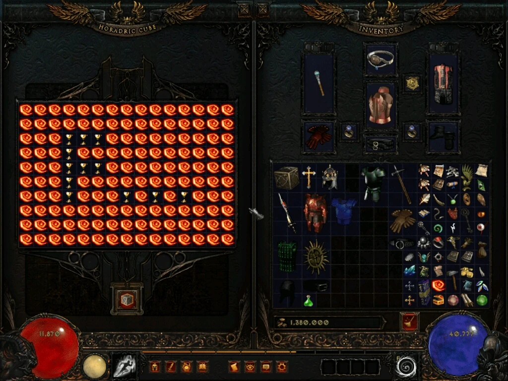 Captura de pantalla del inventario del Cubo Horádrico en Diablo II Median XL, mostrando una cuadrícula llena de objetos y recursos.