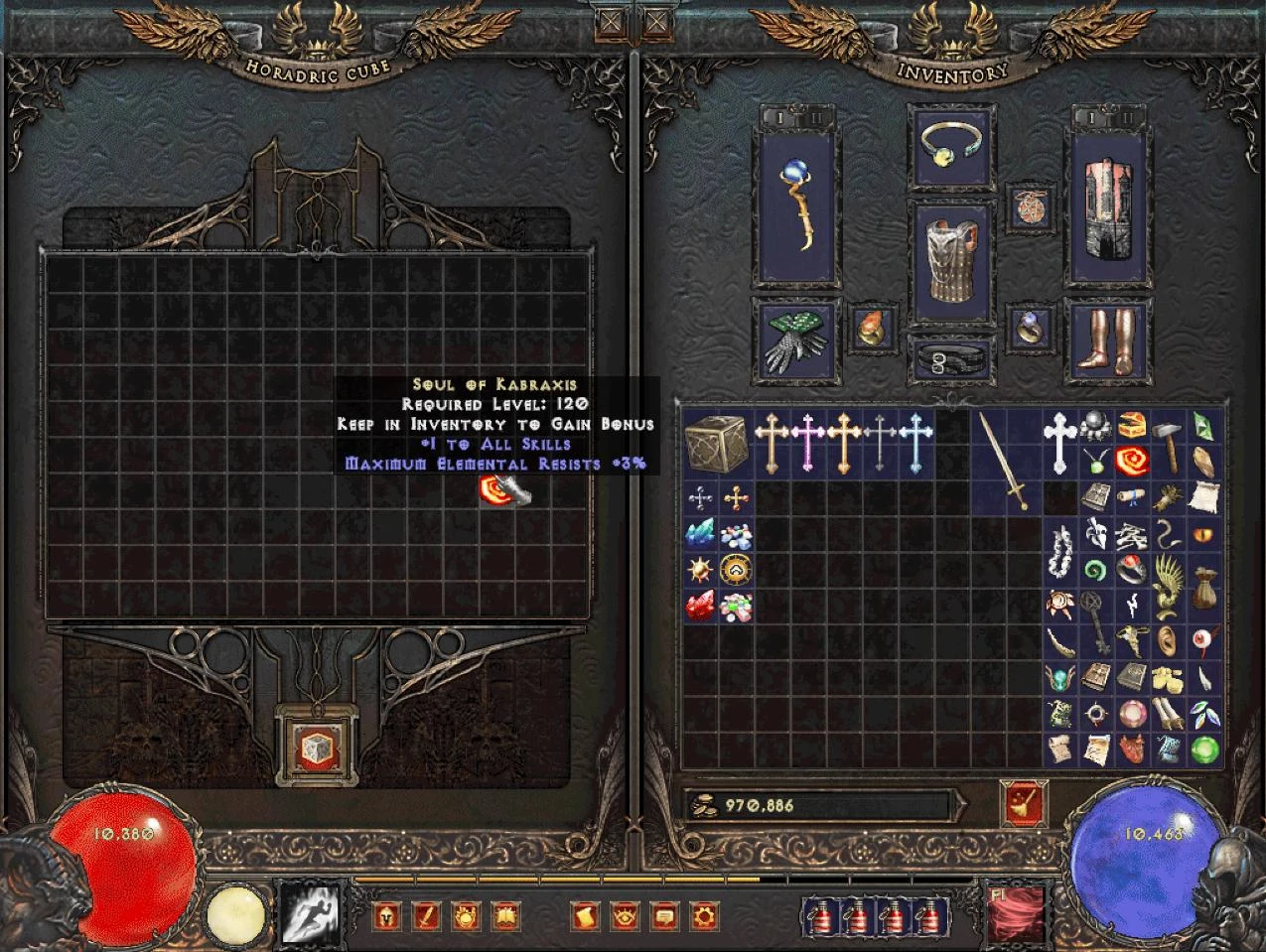 Captura de pantalla que muestra el objeto Alma de Kabraxis en Diablo II Median XL, detallando su requisito de nivel y bonificaciones.