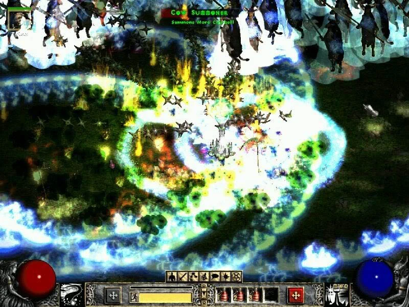 Una escena vibrante de Median XL que muestra a un invocador de vacas lanzando hechizos en medio de efectos coloridos en Diablo II.