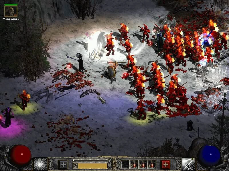 Una escena caótica en el mod Median XL de Diablo II, con enemigos de fuego y un paisaje oscuro.