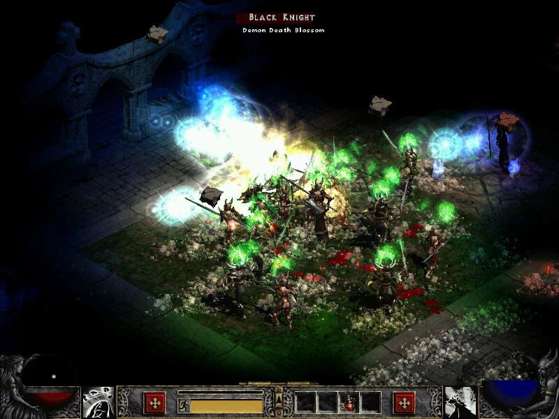 Una escena caótica del mod Median XL de Diablo II que presenta al Caballero Negro y numerosos enemigos en batalla.