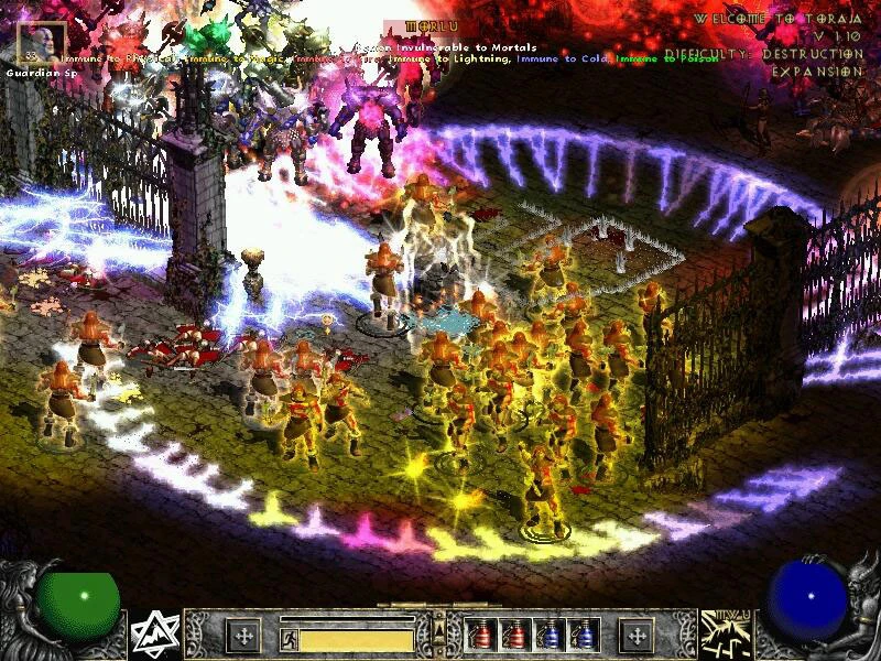 Una escena caótica del mod Median XL para Diablo II, con numerosos personajes luchando en un entorno vibrante y mágico.