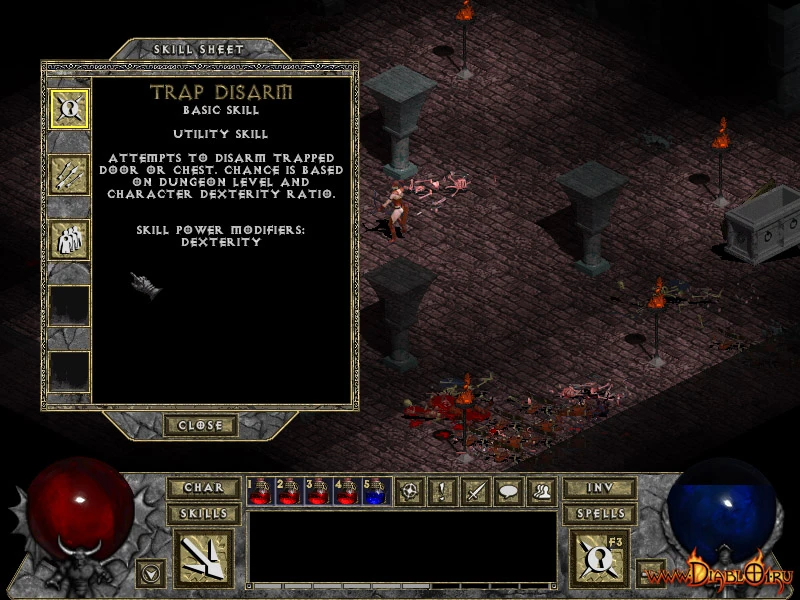 Скріншот з Diablo I HD Mod, що показує інтерфейс навички знешкодження пасток. Навичка намагається знешкодити заміновані двері або скрині, успіх залежить від рівня підземелля та спритності персонажа.