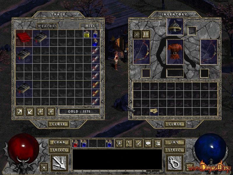 Скріншот Diablo I HD Mod Belzebub з інтерфейсом інвентаря та торгівлі. Гравець керує предметами, включаючи зброю та броню, видно лічильник золота.