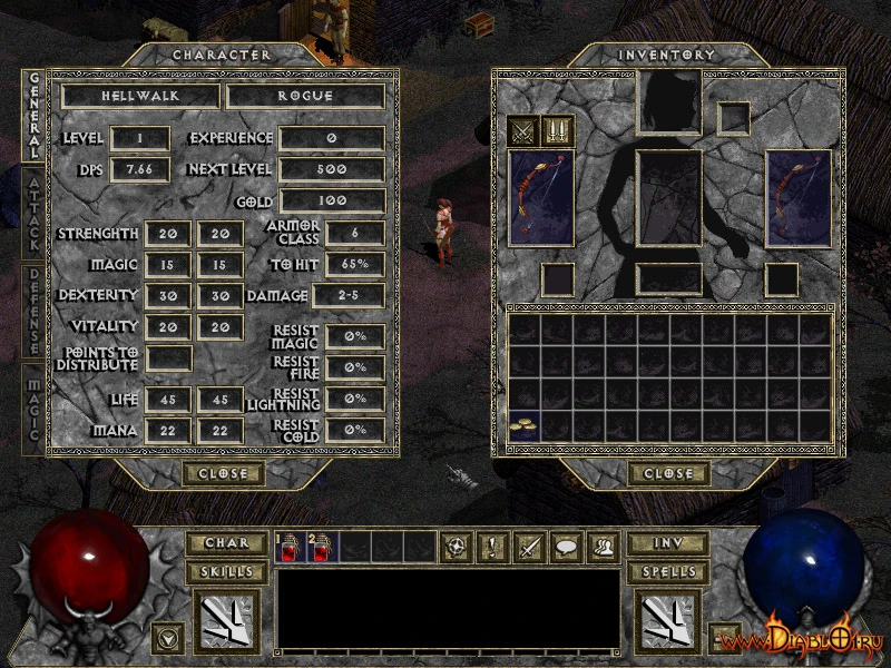 Скріншот Diablo I HD Mod з інтерфейсом персонажа та інвентаря. Персонаж - розбійник 1 рівня з різними характеристиками, включаючи силу, магію та спритність.