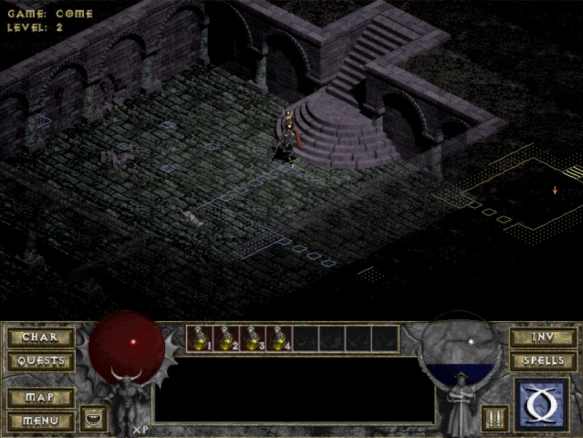 A character navigates a dimly lit dungeon in the Diablo Infernity mod, showcasing the game's interface and level 2 environment.