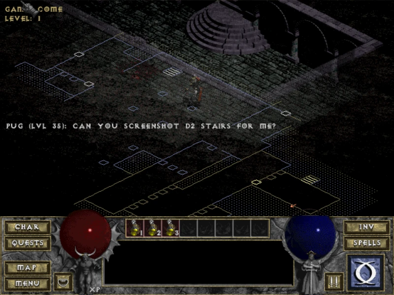 Screenshot from Diablo Infernity mod showing a player exploring the first level of a dungeon with a map overlay and a chat message.