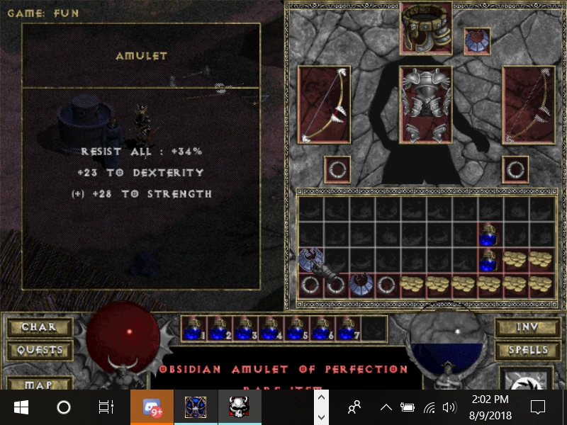 Screenshot from the Diablo Infernity mod showing a character's inventory screen. The highlighted amulet provides resistance, dexterity, and strength bonuses.