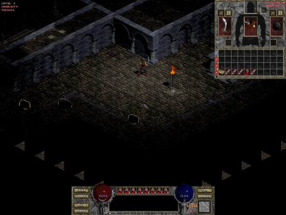 A player character explores a dimly lit dungeon in the Diablo Infernity mod, showcasing inventory and health bars. The stone walls and torchlight create a dark atmosphere.