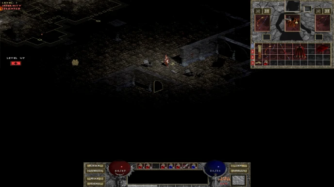 Screenshot from the Diablo Infernity mod showing a character navigating a dark dungeon. The interface displays health, mana, and inventory.