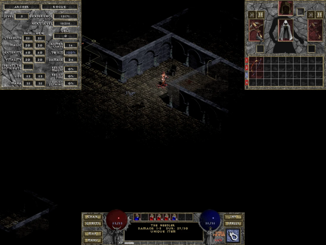 Screenshot from the Diablo Infernity mod showing a rogue character's stats and inventory. The character is at level 5 with various attributes displayed, including strength and dexterity.