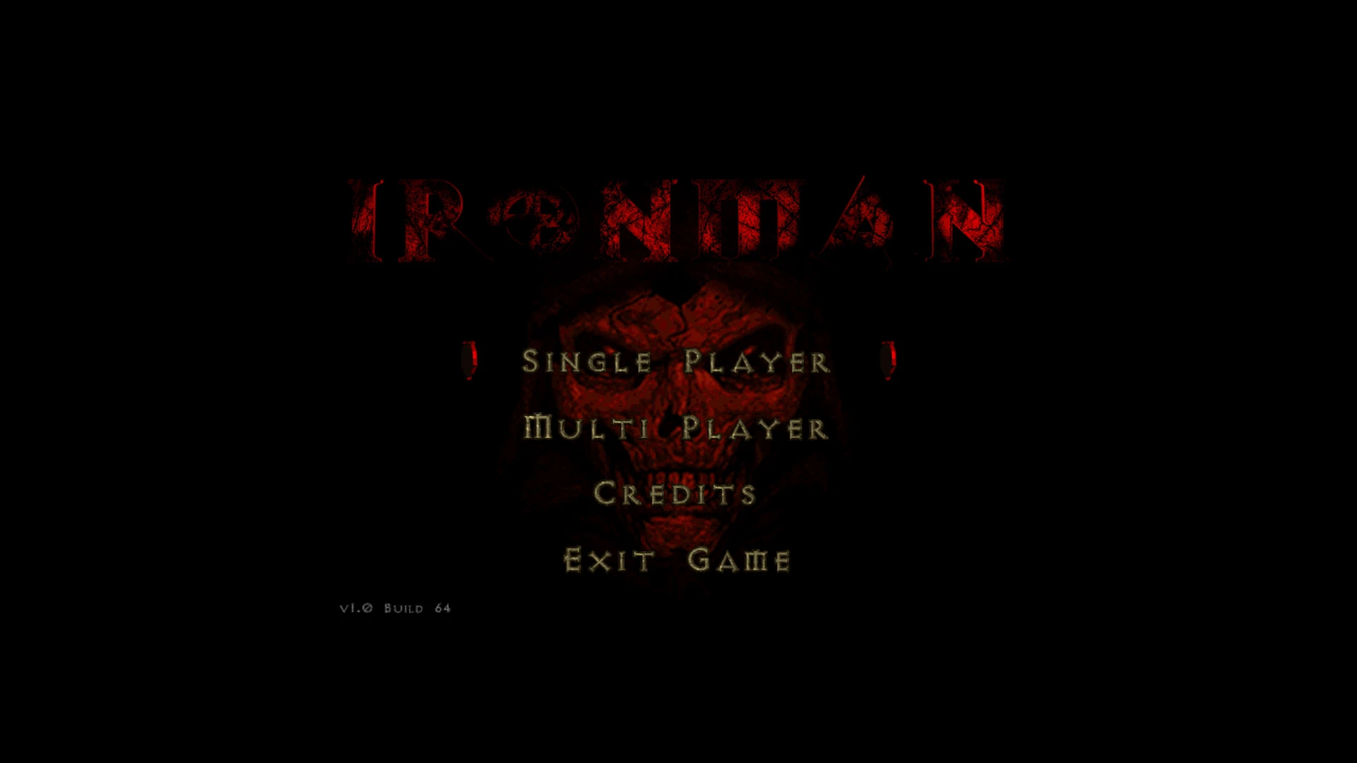 Ekran głównego menu moda Ironman do Diablo z opcjami: gra jednoosobowa, wieloosobowa, napisy końcowe i wyjście z gry w ciemnym, złowieszczym stylu.