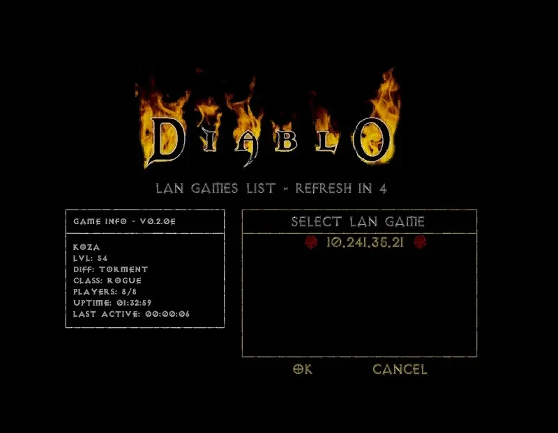 Captura de pantalla de la lista de juegos LAN de Diablo que muestra la información del juego para un personaje llamado Koza, nivel 54, clase Pícaro.
