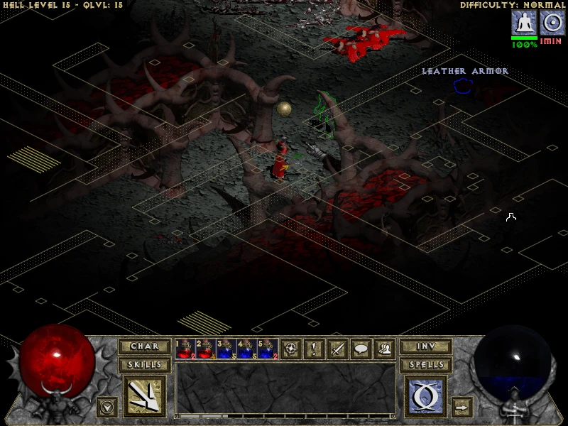 Un jugador navega por el Infierno Nivel 15 en el mod Diablo Tchernobog, encontrando raíces retorcidas y armadura de cuero. La interfaz muestra estadísticas de personaje y hechizos.