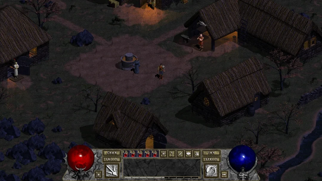 Una escena del mod Diablo Tchernobog que muestra a un personaje explorando un pueblo de noche. La interfaz muestra orbes de salud y maná, y varios iconos de acción.