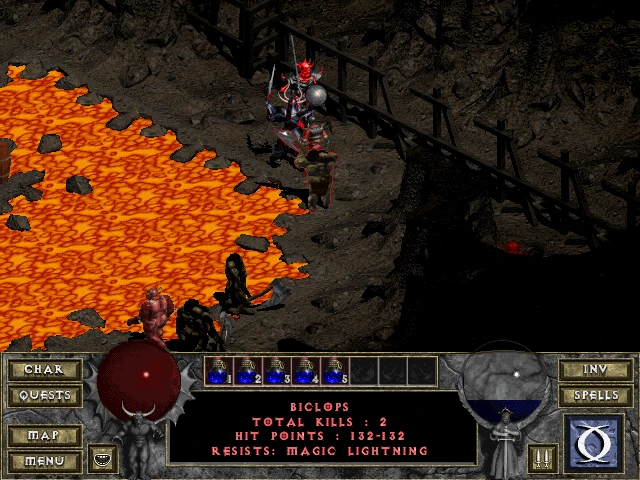 Ein Spielercharakter steht einem Biclop-Gegner nahe eines Lavapools im Diablo The Awakening Mod gegenüber. Die Benutzeroberfläche zeigt Charakterstatistiken und Optionen.