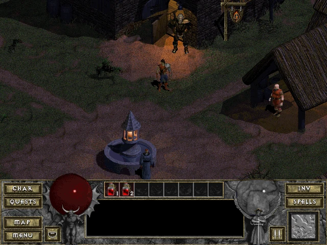 Eine Szene aus dem Diablo-Mod 'The Awakening', in der ein Charakter nachts eine Stadt erkundet. Die Benutzeroberfläche zeigt Charakterstatistiken und Optionen.