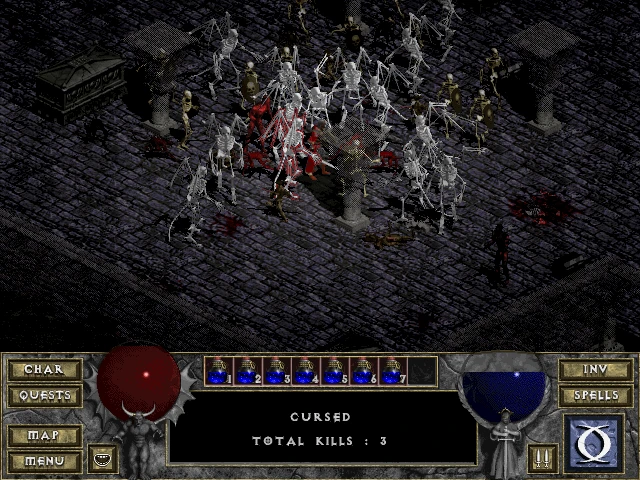 Eine Szene aus dem Diablo: The Awakening Mod zeigt einen Spielercharakter, der in einem dunklen Dungeon gegen eine große Gruppe von Skeletten kämpft. Die Benutzeroberfläche zeigt Gesundheit, Zauber, K