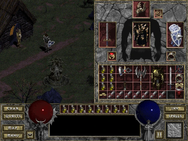 Screenshot aus dem Diablo The Awakening Mod, der das Inventar und den Charakter des Spielers in einer dunklen, mittelalterlichen Umgebung zeigt. Verschiedene Waffen und Rüstungen sind zu sehen.