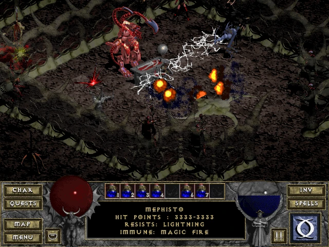 Ein Spieler kämpft gegen Mephisto im Diablo: The Awakening Mod. Der Bildschirm zeigt Mephistos Trefferpunkte und Widerstände, mit einer chaotischen Szene aus Magie und Kampf.