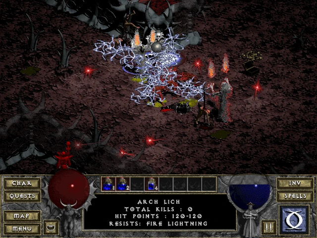 Screenshot aus dem Diablo-Mod 'The Awakening', der einen Kampf mit einem Erz-Lich zeigt. Die Benutzeroberfläche zeigt Charakterstatistiken und Widerstände.