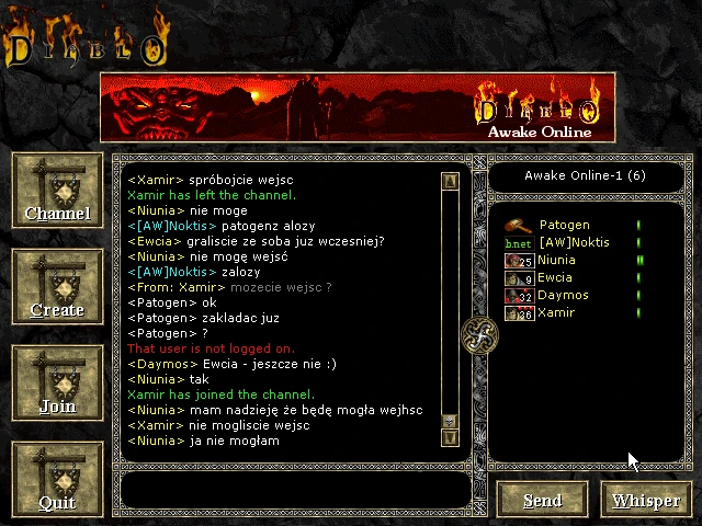 Screenshot des Diablo: The Awakening Mods mit einer Online-Chat-Oberfläche, die Spielernamen und Nachrichten zeigt. Die Oberfläche bietet Optionen wie Kanal, Erstellen, Beitreten und Beenden.