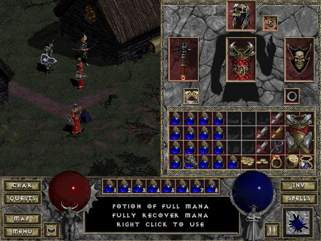 Screenshot aus dem Diablo The Awakening Mod mit dem Inventarbildschirm voller Gegenstände und Tränke sowie einer Spielszene mit Charakteren in der Nähe eines Hauses.
