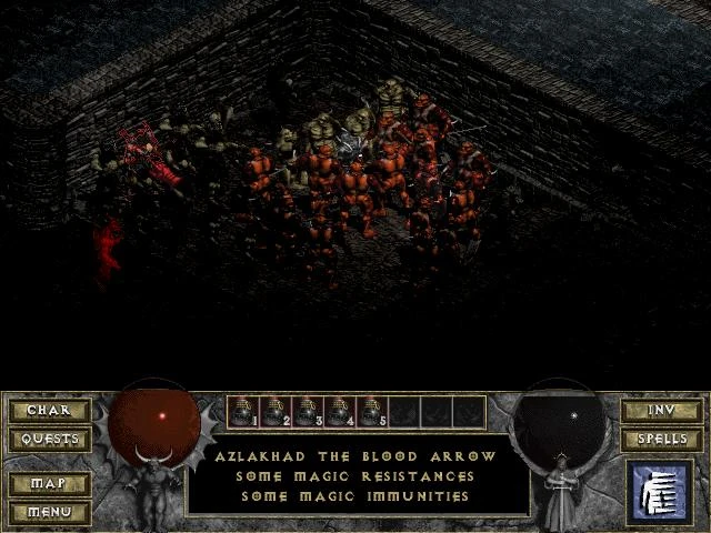 Група персонажів у моді Diablo: The Hell бореться з Азлахадом Кривавою Стрілою, демонструючи магічні опори та імунітети.