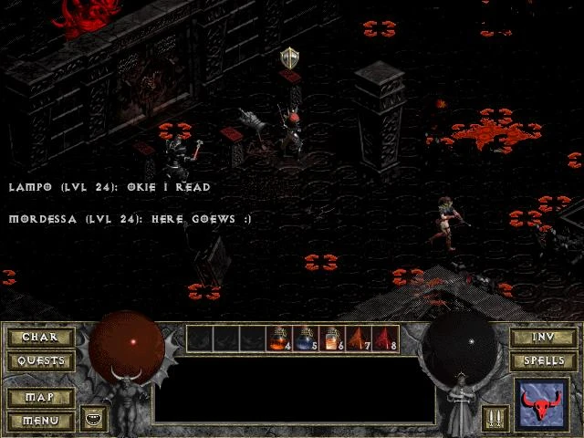 Скріншот з мода Diablo: The Hell 1, що показує персонажів у темному підземеллі з червоними акцентами. Видно діалог між персонажами Lampo і Mordessa.