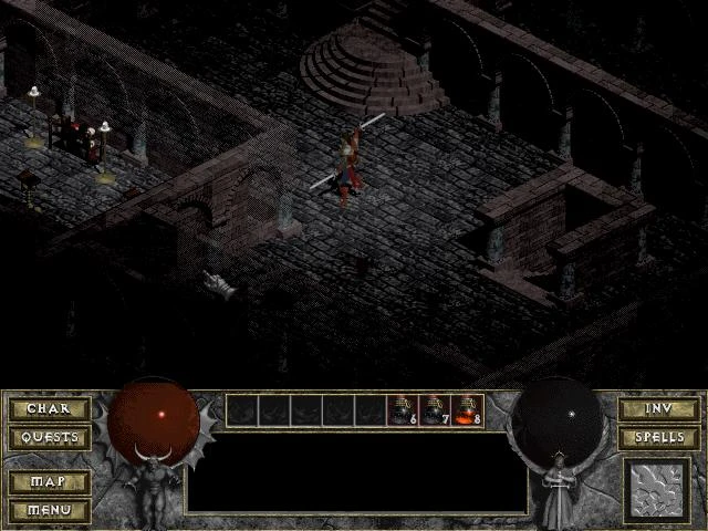 Персонаж досліджує темне підземелля в моді Diablo: The Hell 1, з готичною архітектурою та класичним інтерфейсом RPG.