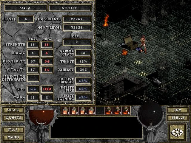 Скріншот з моду Diablo: The Hell 1, що показує екран статистики персонажа та інвентар. Персонаж - розвідник 5 рівня з різними атрибутами та опорами.