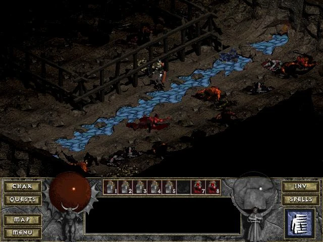 Персонаж гравця досліджує темне підземелля в моді Diablo: The Hell, оточений переможеними ворогами та струмком. Інтерфейс показує характеристики персонажа та інвентар.